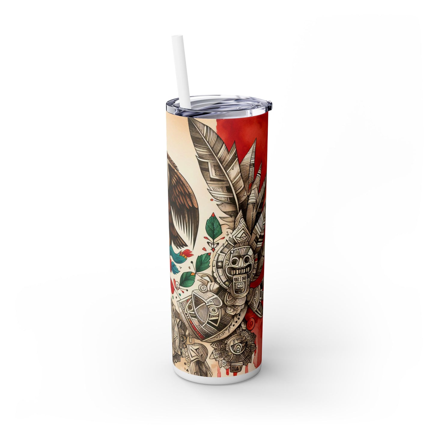 Mexican Eagle Art Skinny Tumbler with Straw - 20oz Travel Mug for Día de los Muertos and Celebrations