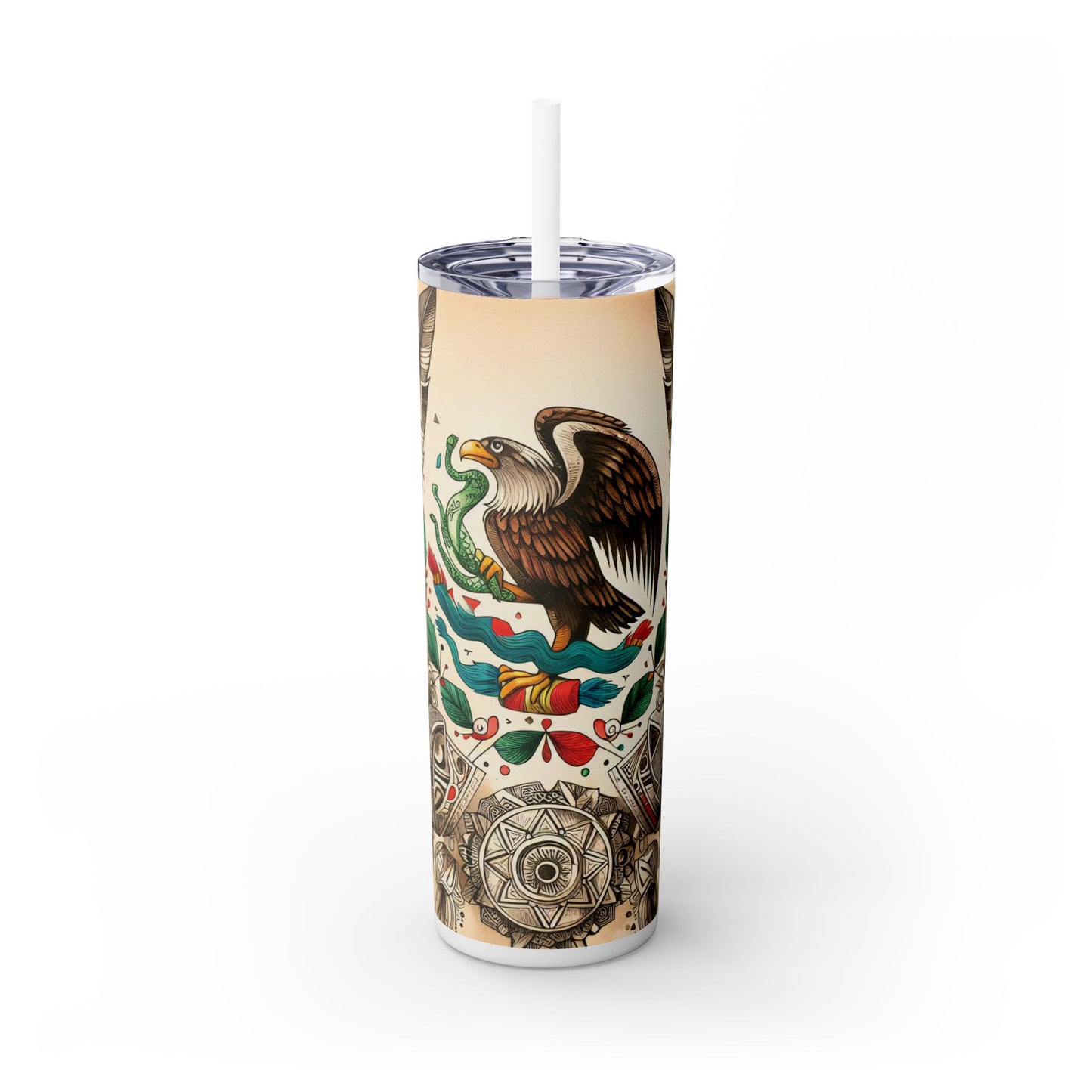 Mexican Eagle Art Skinny Tumbler with Straw - 20oz Travel Mug for Día de los Muertos and Celebrations