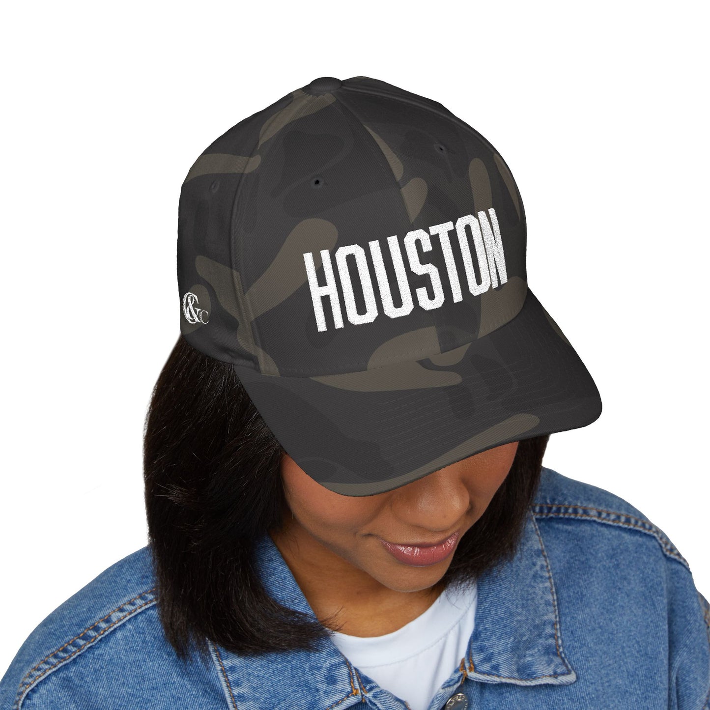 Houston Embroidered Camo Cap — Structured Closed-Back Baseball Hat