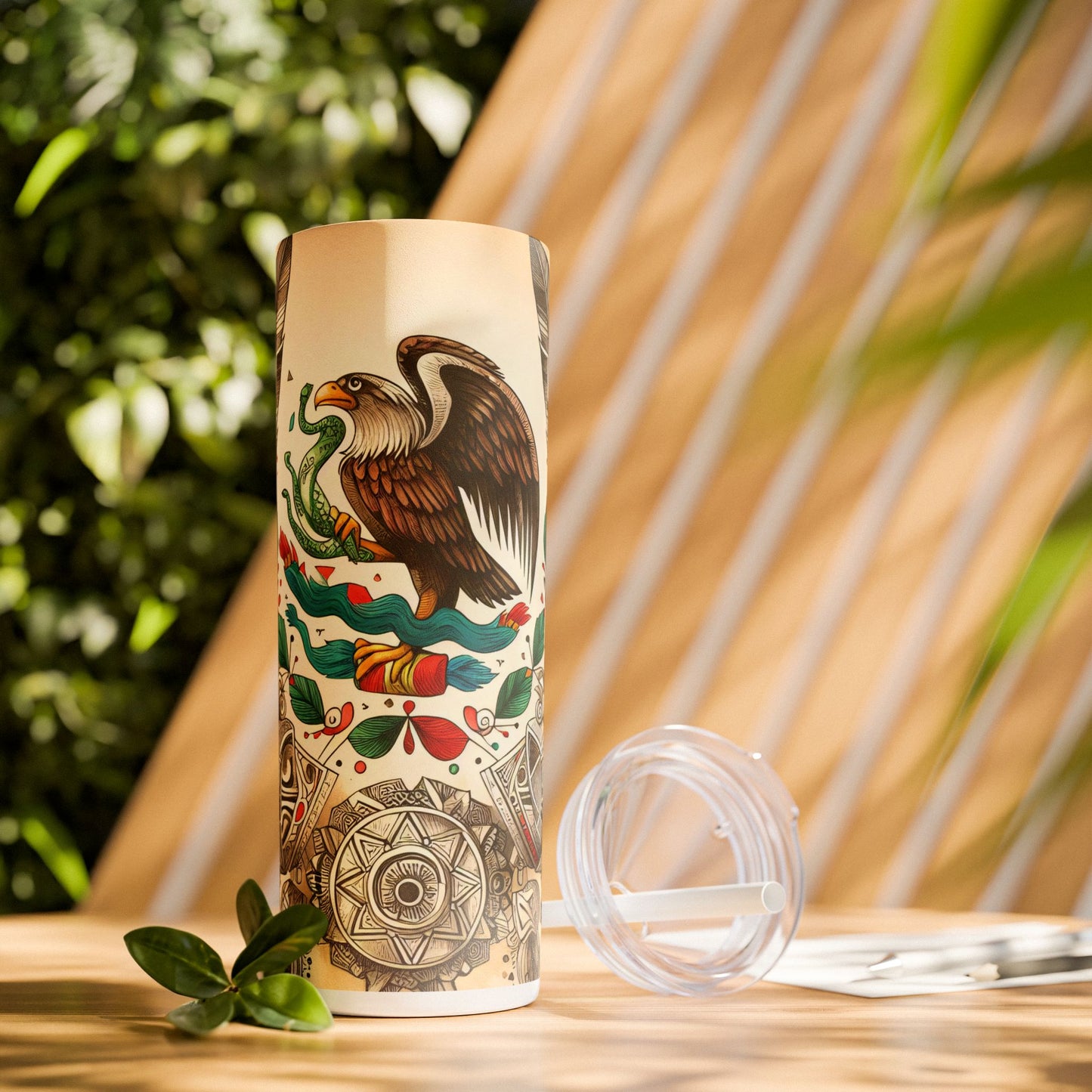 Mexican Eagle Art Skinny Tumbler with Straw - 20oz Travel Mug for Día de los Muertos and Celebrations