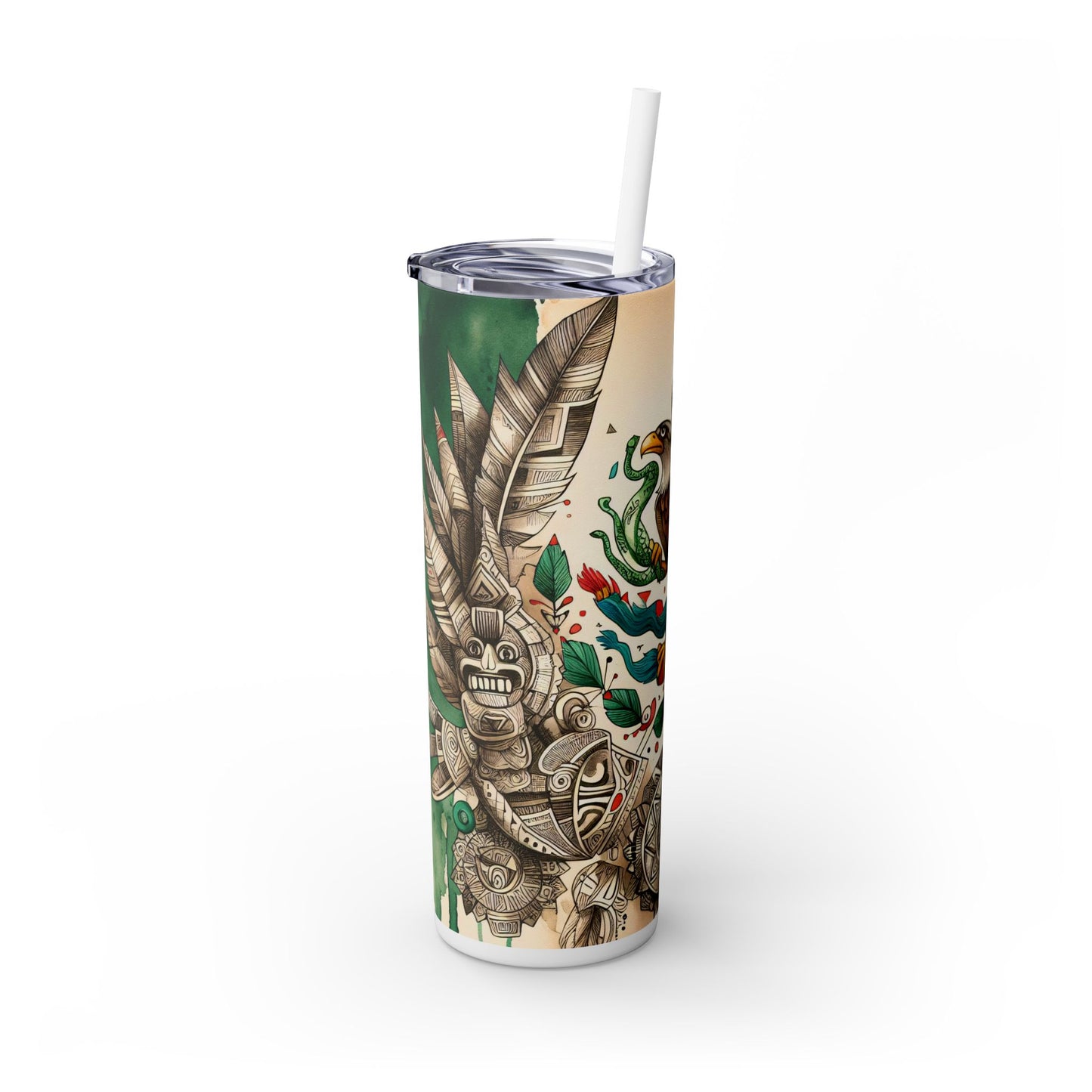 Mexican Eagle Art Skinny Tumbler with Straw - 20oz Travel Mug for Día de los Muertos and Celebrations